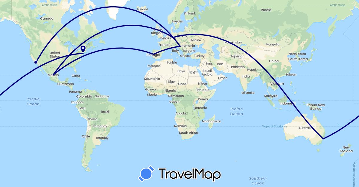 TravelMap itinerary: driving in Australia, Germany, Croatia, Mexico, Portugal, United States (Europe, North America, Oceania)